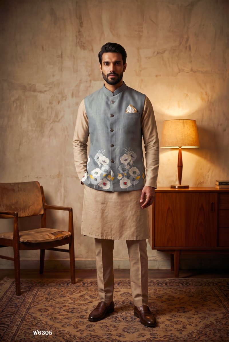 Yellow Outluk Wedding Vol 63 Linen Modi Jacket Kurta Pajama